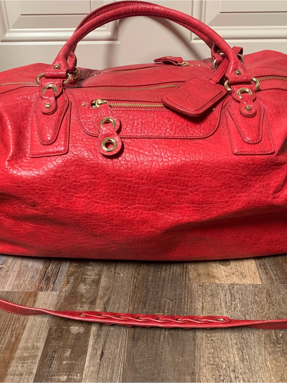 Jessica Simpson Red Leather Travel Duffel with Gold Hardware